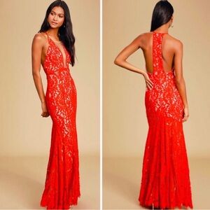 Halter sheer maxi lace dress. New with tags. Smoke free. Pet free. Formal wear.